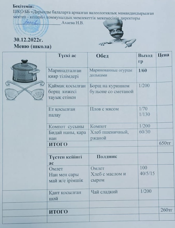 Меню на 30.12.2022г