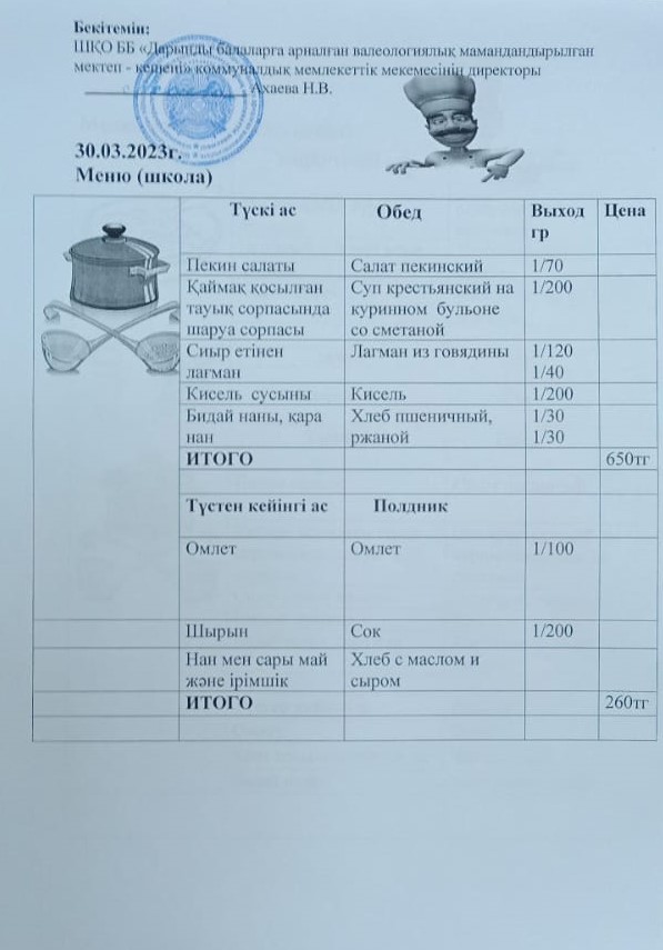 Меню на 30.03.2023г