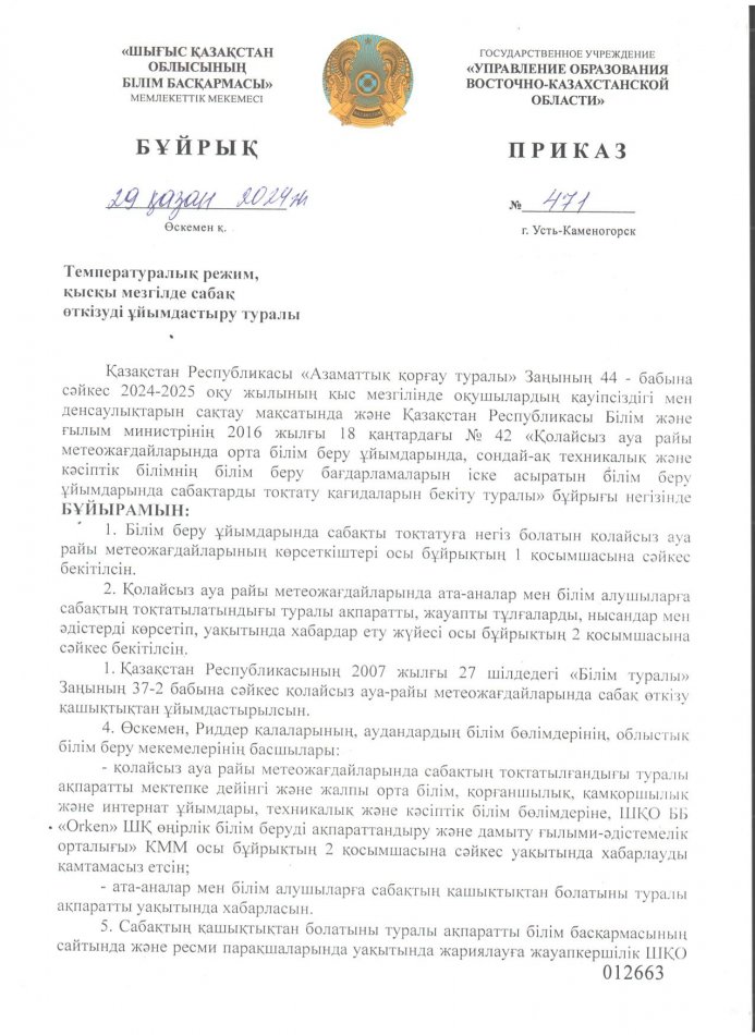 Приказ о температурном режиме