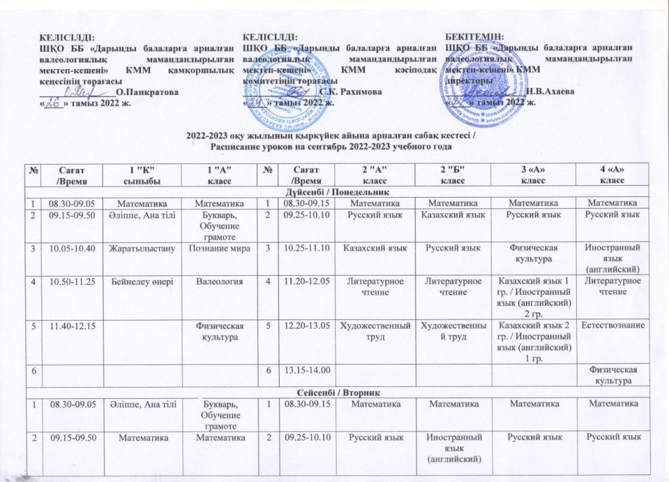 2022-2023 оқу жылына арналған сабақ кестесі/Сабақ кестесі на 2022-2023 учебный год