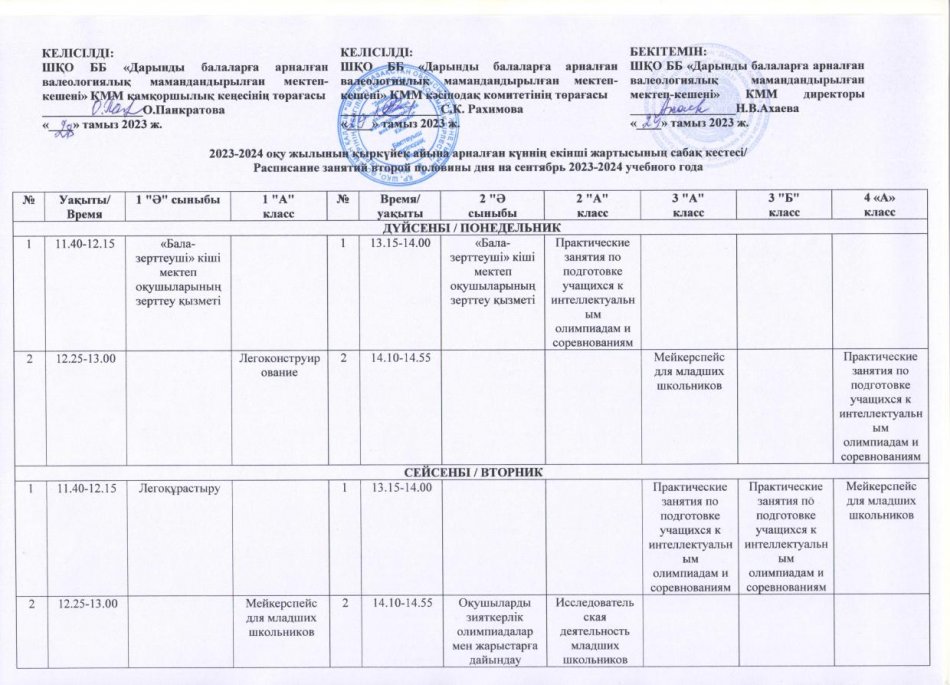 2023-2024 оқу жылына арналған күннің екінші жартысының сабақ кестесі/Расписание второй половины дня на 2023-2024 учебный год