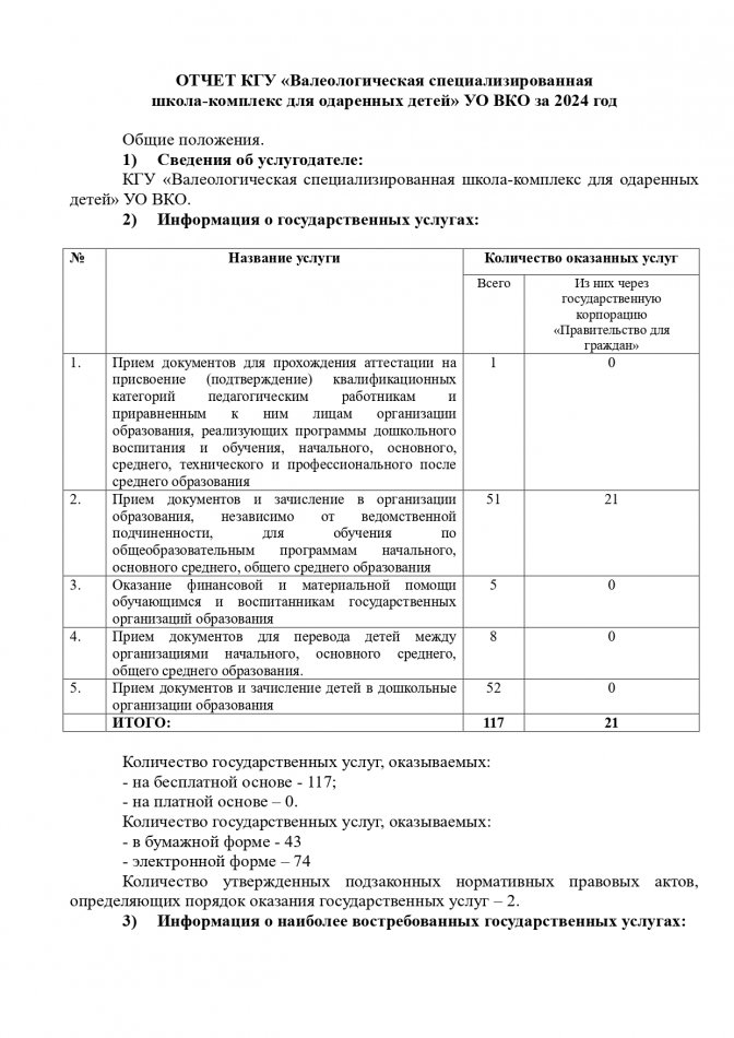 Валеологическая СШК ОД отчет о госуслугах за 2024 год